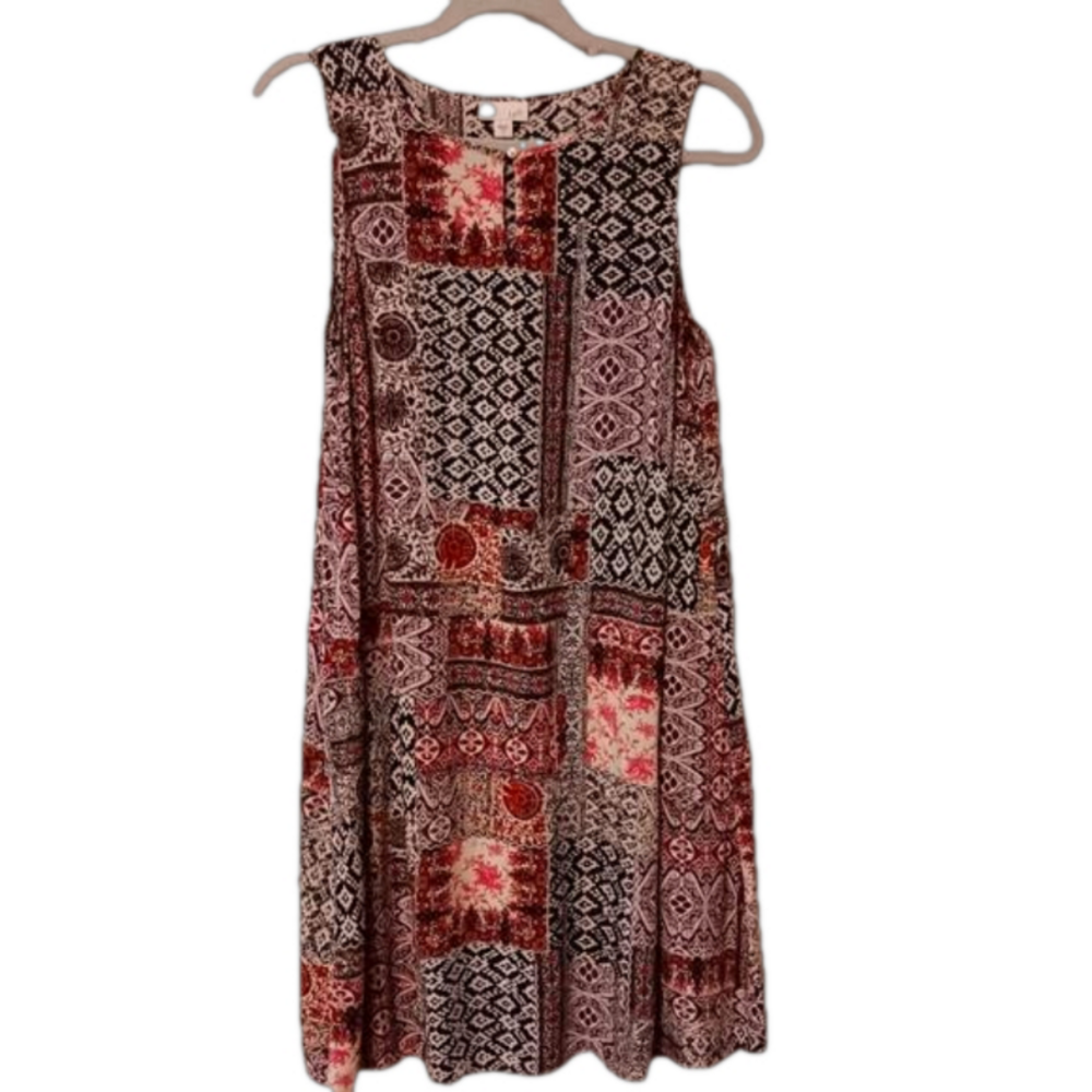 J.Jill Cool Rayon‎ Patchwork Boho Print Sleeveless Flowy Shift Dress Pockets S
